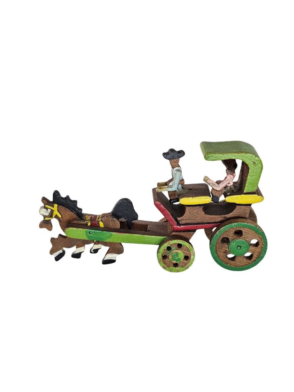 Handcrafted Wooden Horse Drawn Carriage Figurine Colorful Accents Folk Art Mini